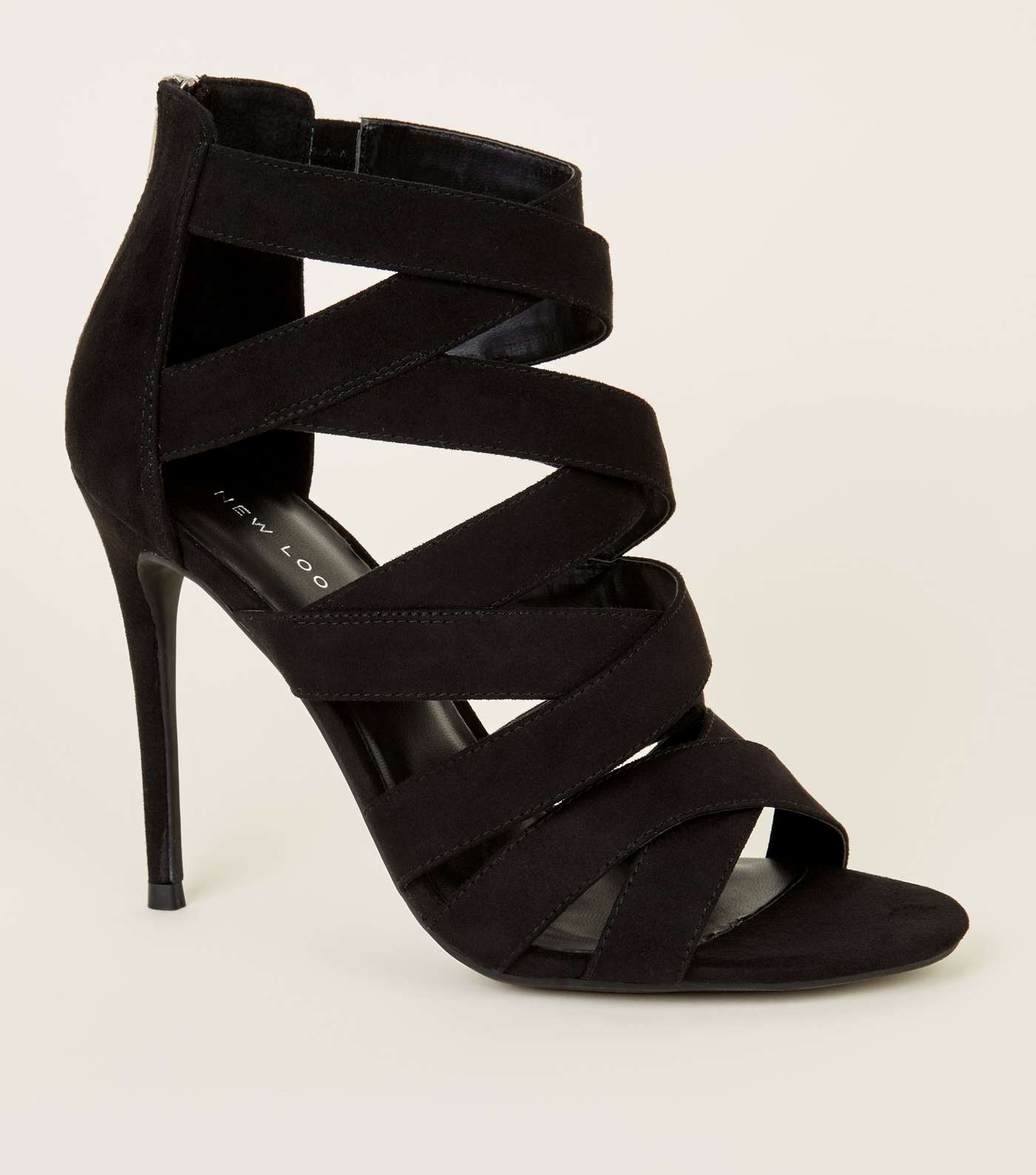 Black Strappy Suedette Stiletto Heels Shoes