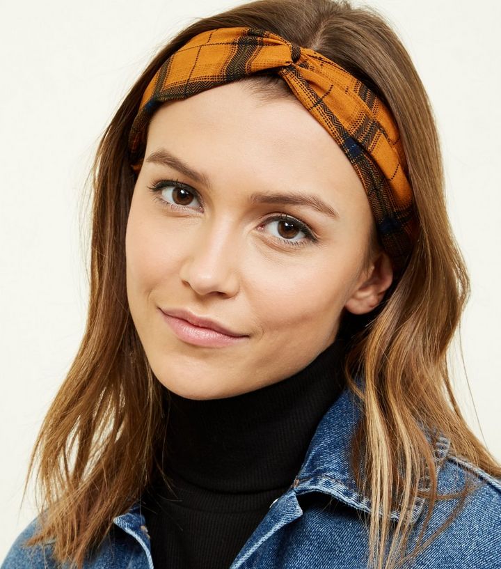 Mustard Check Twist Front Headband New Look