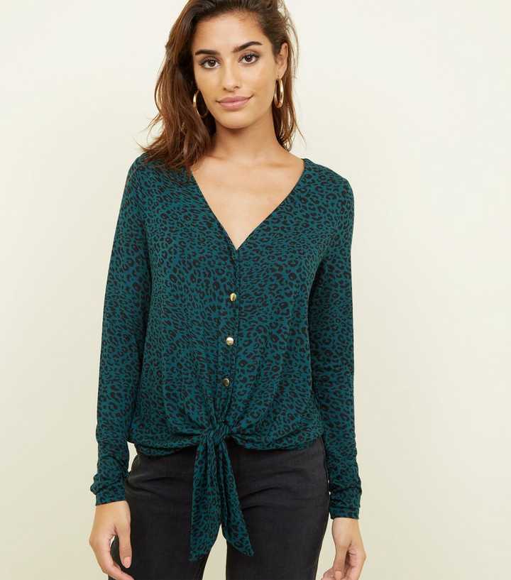 Dark Green Leopard Print Button Front Top