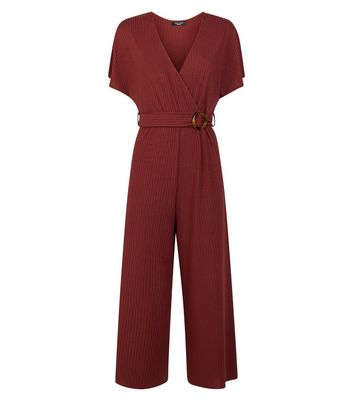 Petite Burgundy Wrap Front Resin Ring Belt Jumpsuit New Look