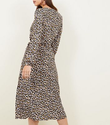 Brown Leopard Print Midi Wrap Dress 