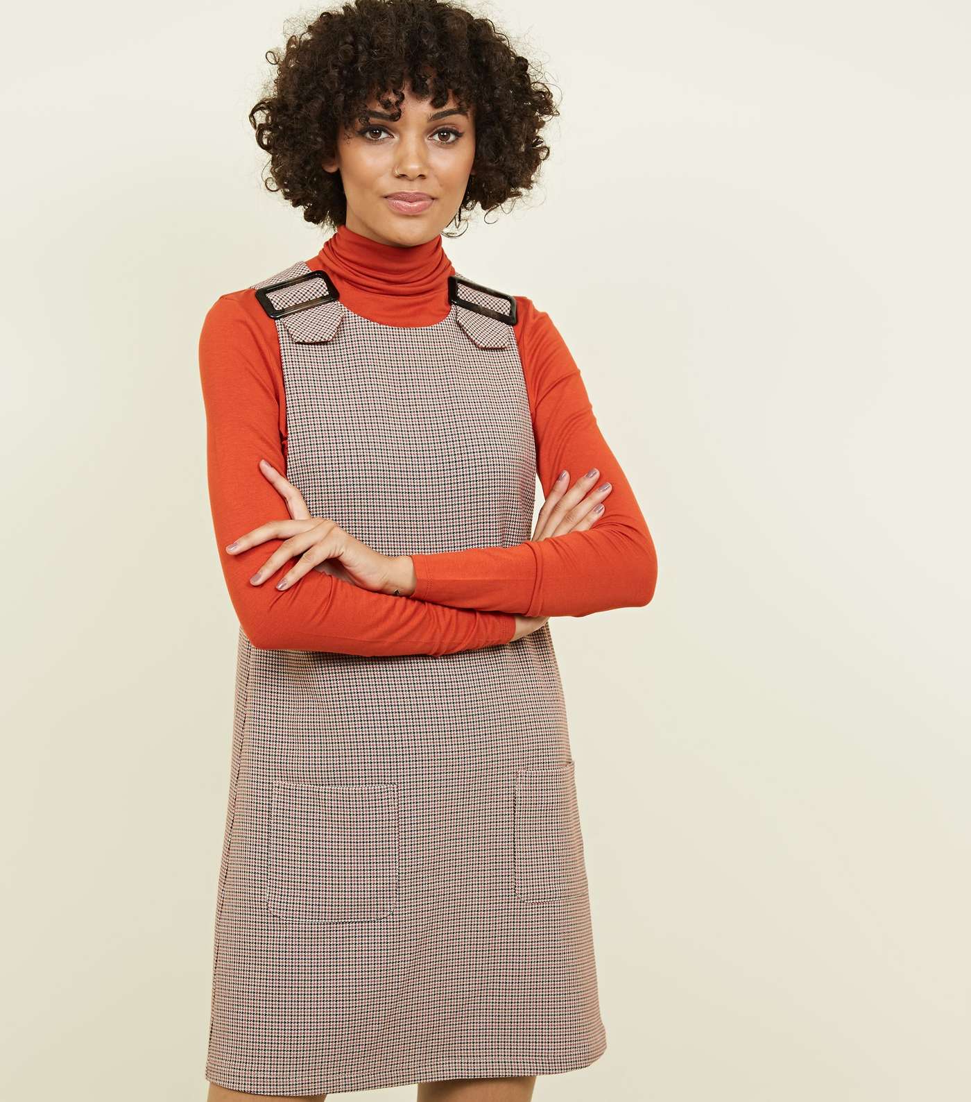Brown Houndstooth Buckle Pinafore Dress 