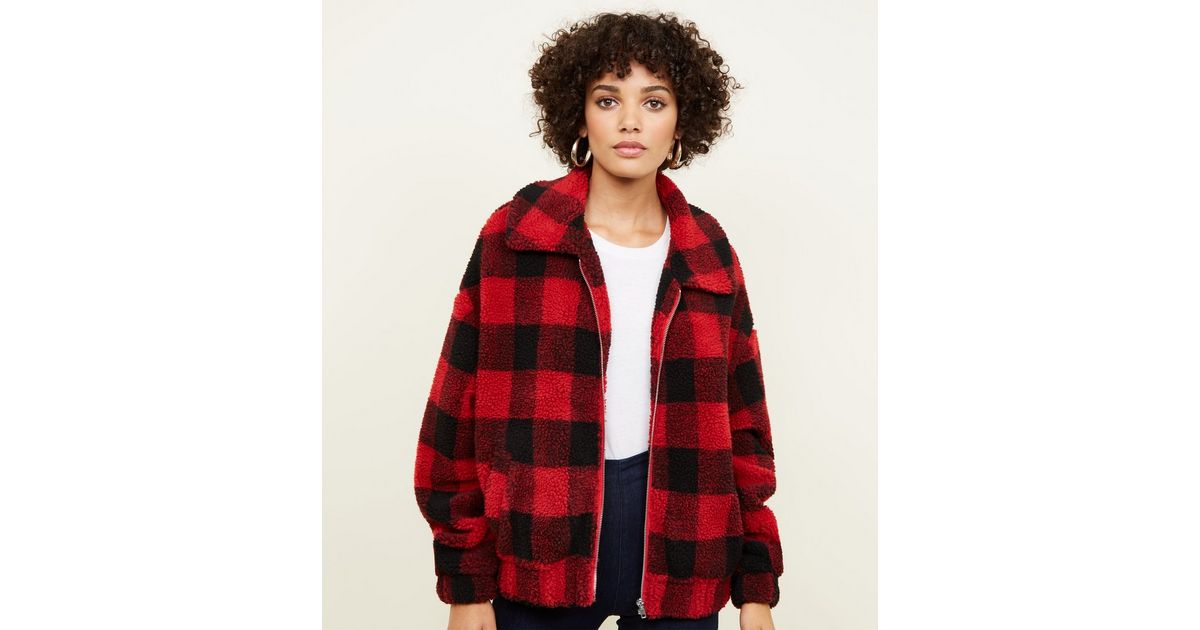 Red Check Teddy Bomber Jacket | New Look