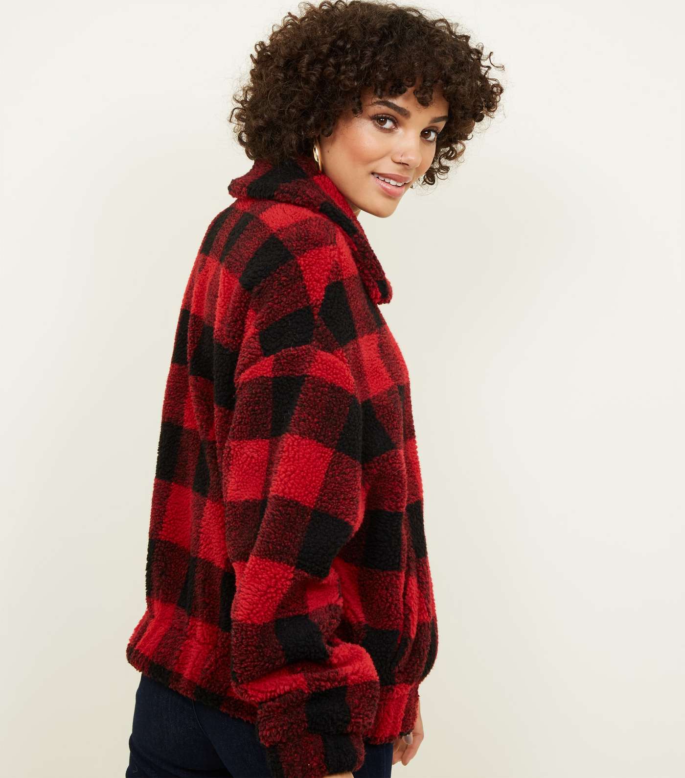 Red Check Teddy Bomber Jacket Image 3