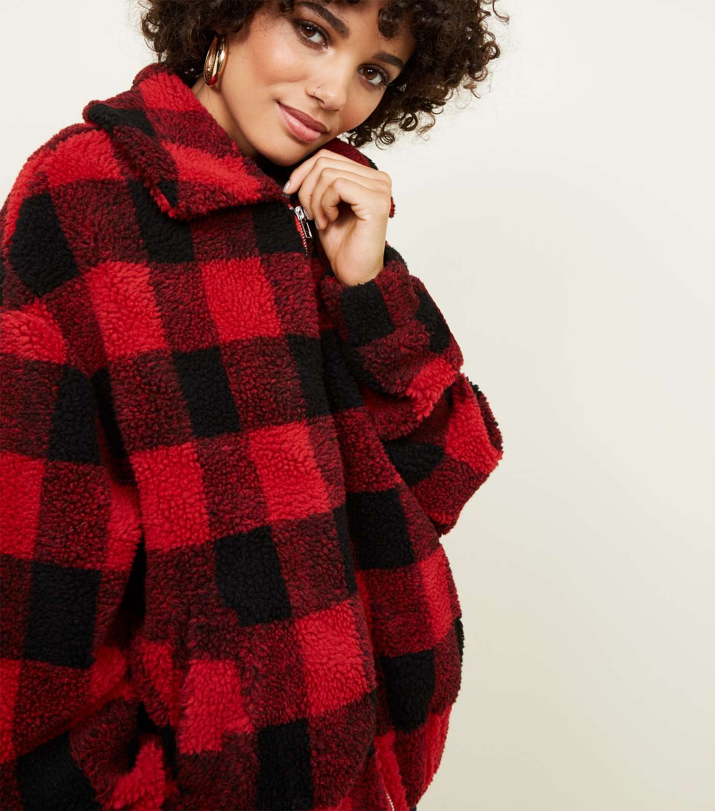 Red Check Teddy Bomber Jacket Image 5