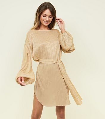 Gold plisse balloon sleeve sheer shift dress outlet review