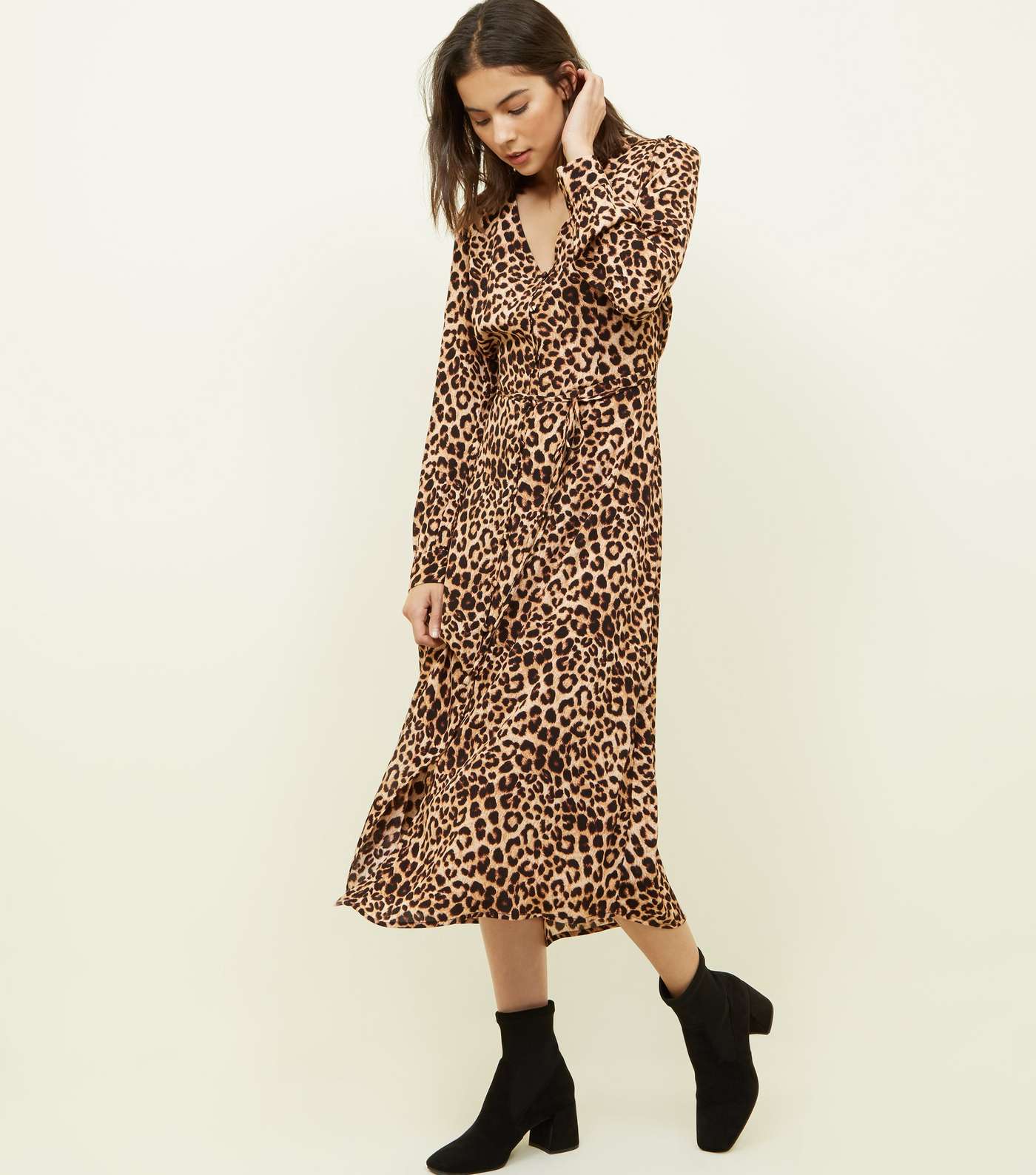 Brown Leopard Print Button Front Midi Dress