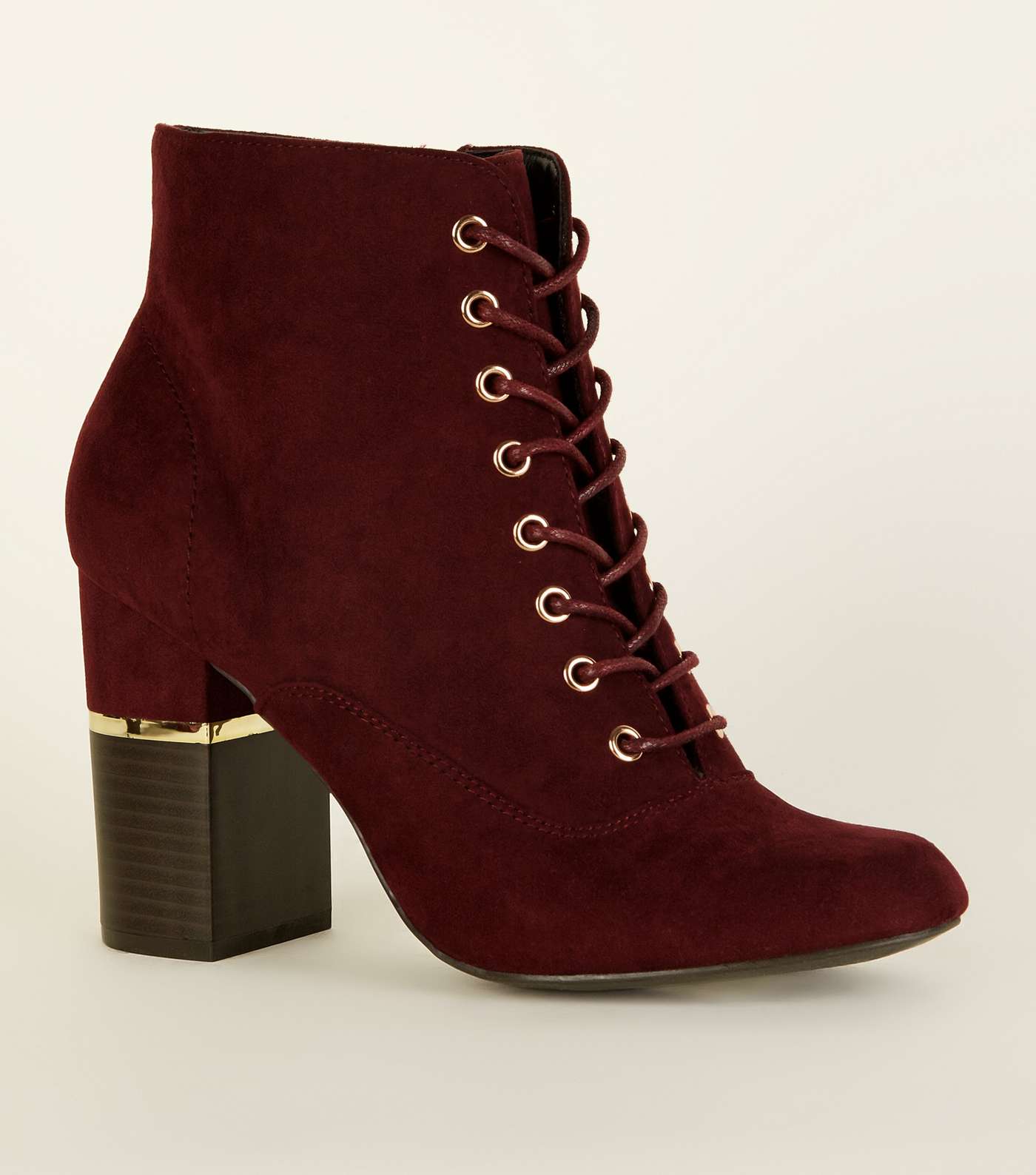 Dark Red Lace Up Gold Trim Block Heel Boots