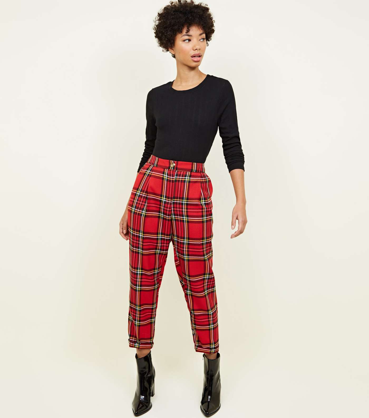 Red Tartan Check Tapered Trousers
