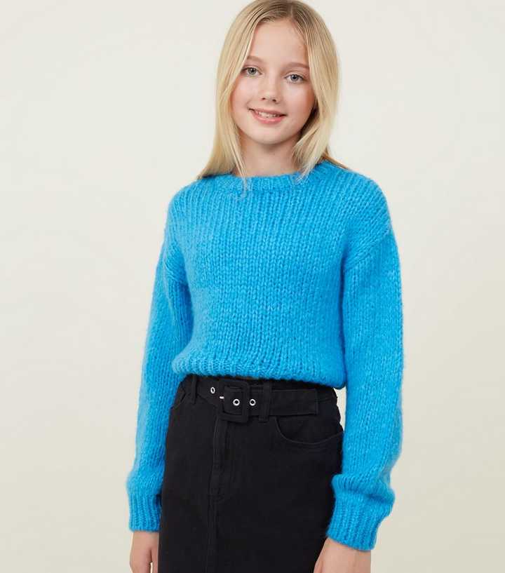 Girls Bright Blue Fluffy Knit Jumper