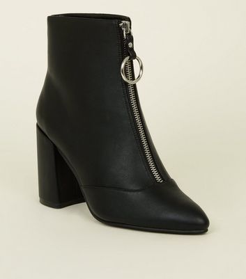 Black Leather-Look Ring Pull Zip Boots 