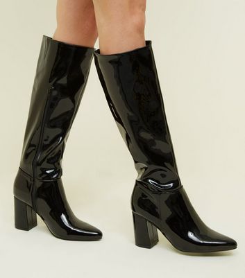 black patent knee high boots