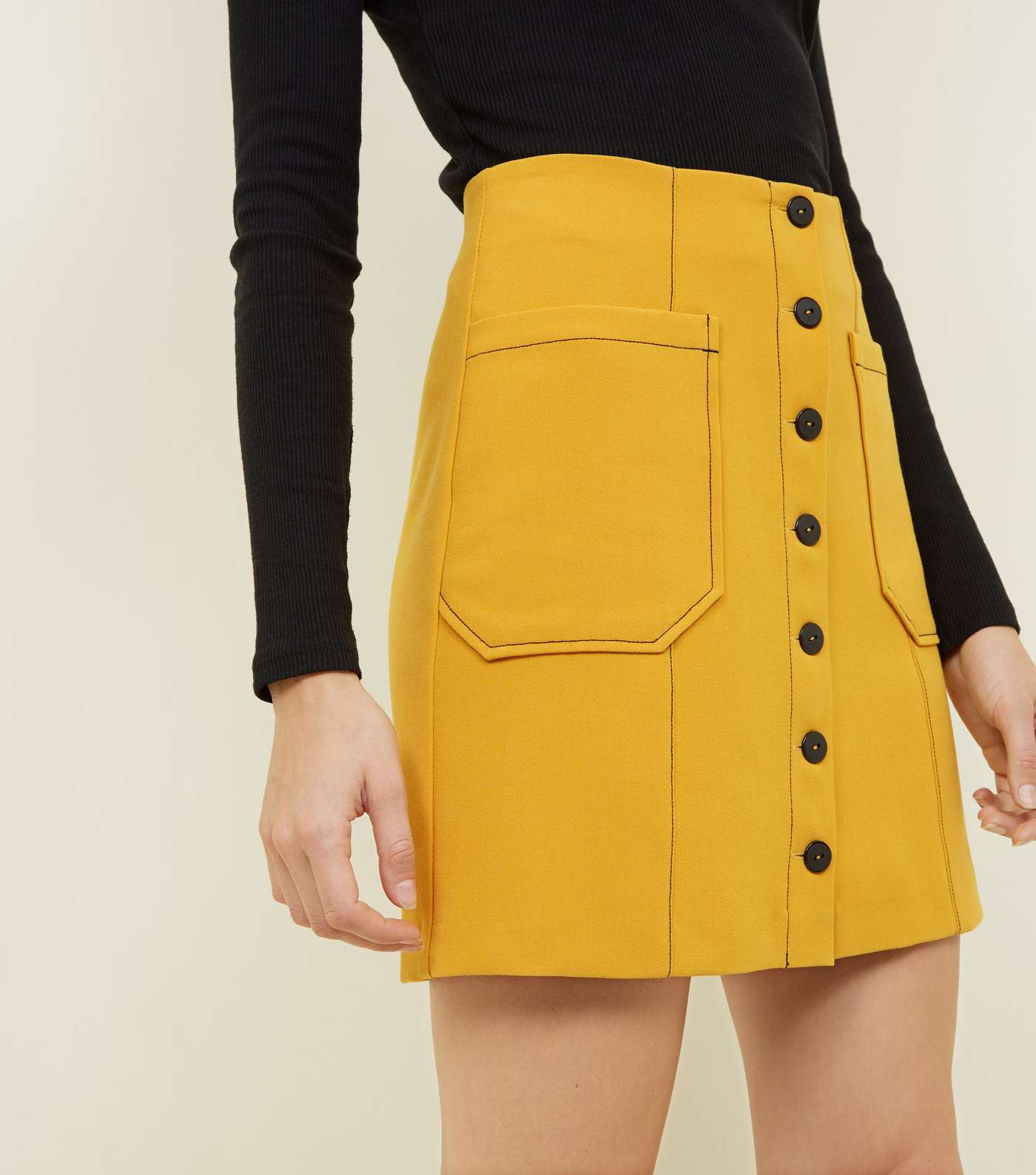 Yellow Contrast Stitch Button Front Mini Skirt Image 5