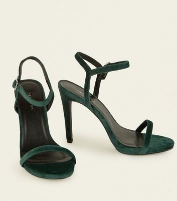 Dark Green Velvet Stiletto Heel Sandals 