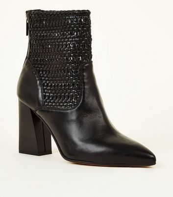 Black Premium Leather Woven Panel Boots 