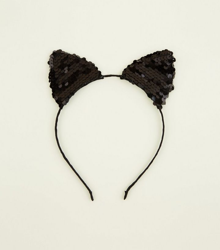 Black Sequin Halloween Cat Ears New Look
