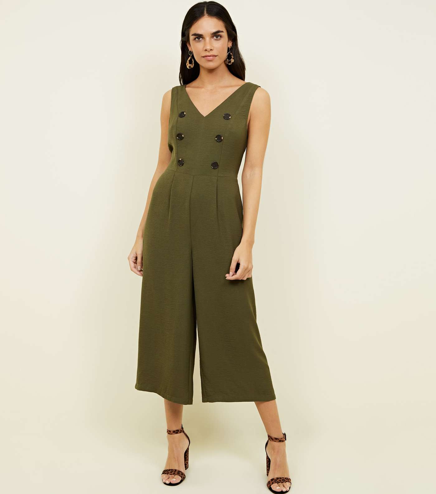 Khaki V-Neck Double Breasted Culotte Jumpsuit