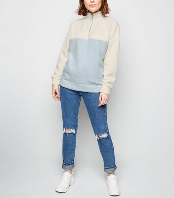 Blue Colour Block Borg Half Zip 