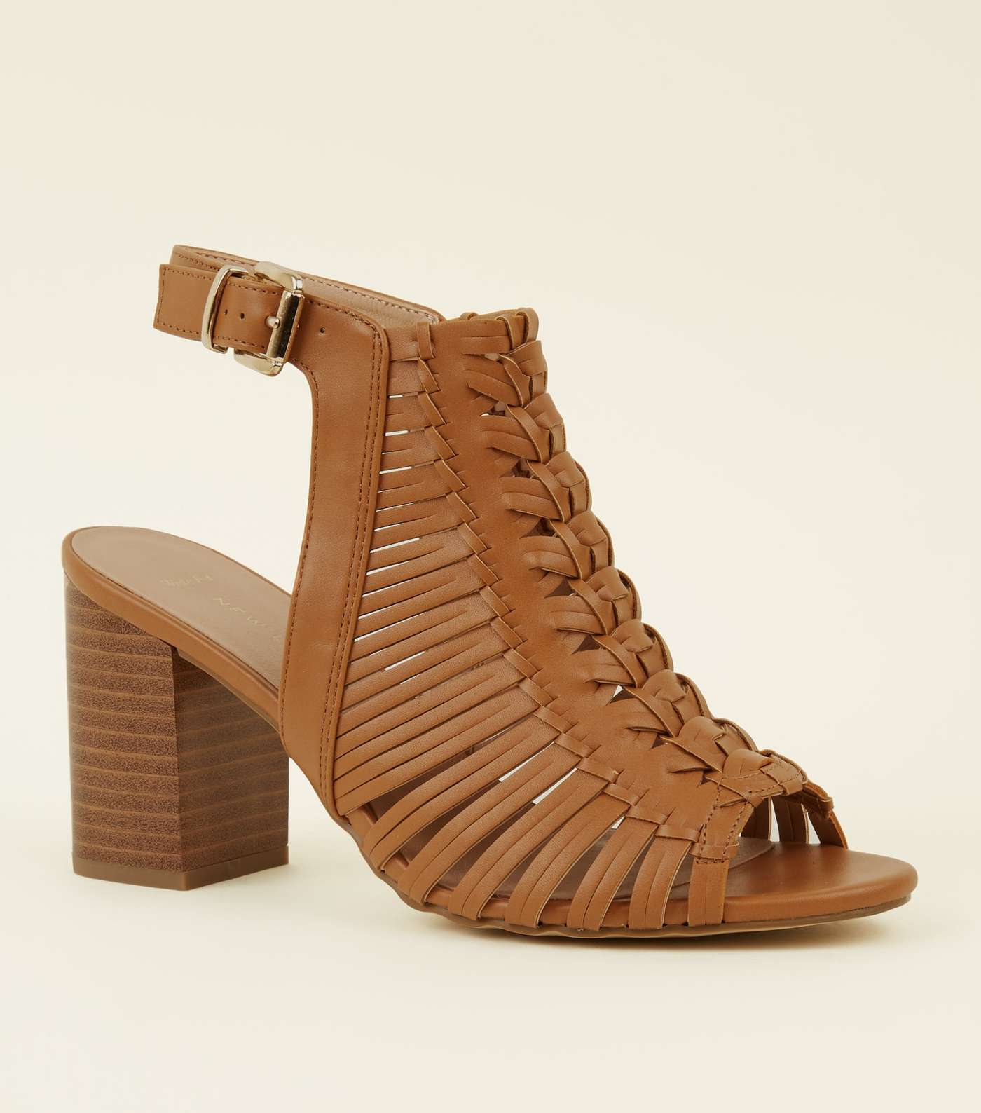 Wide Fit Tan Leather-Look Woven Block Heels