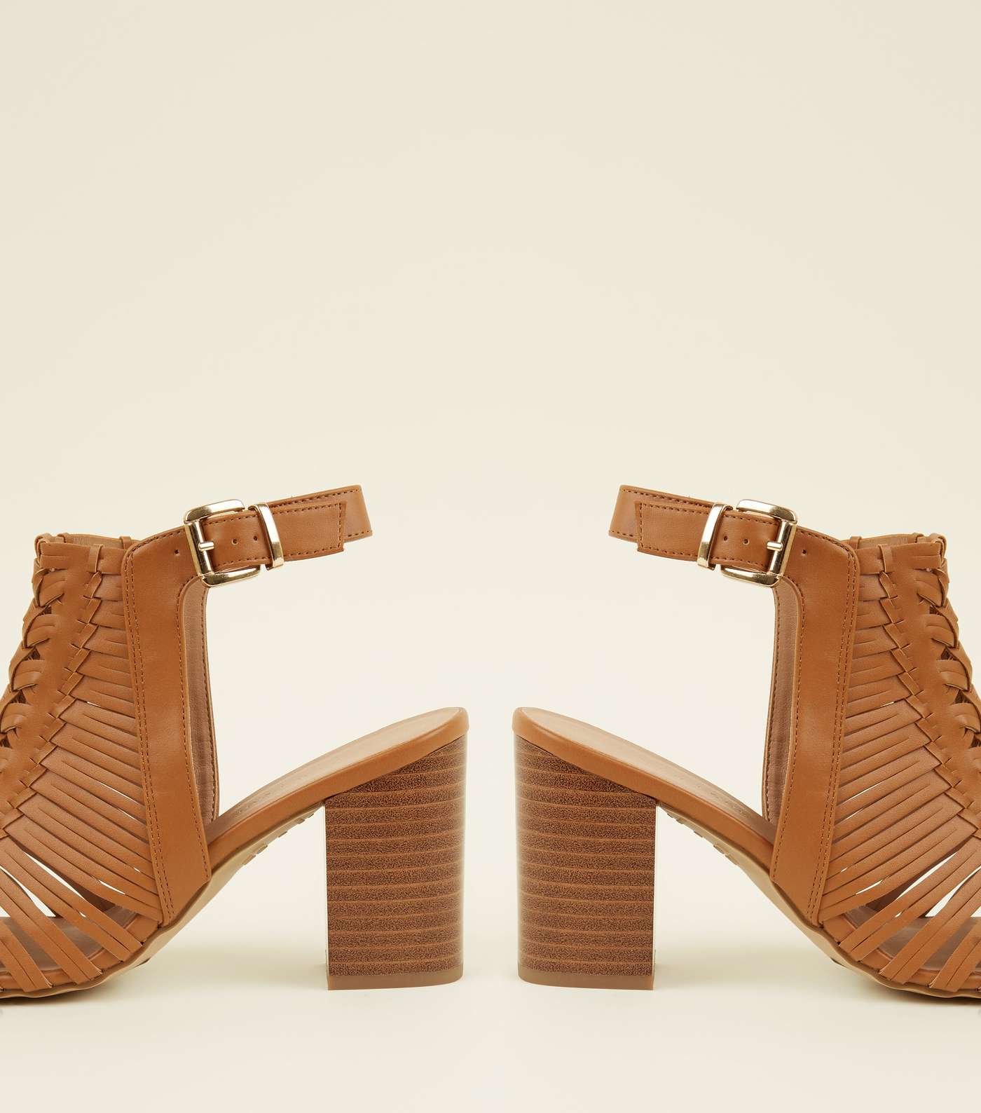 Wide Fit Tan Leather-Look Woven Block Heels Image 3