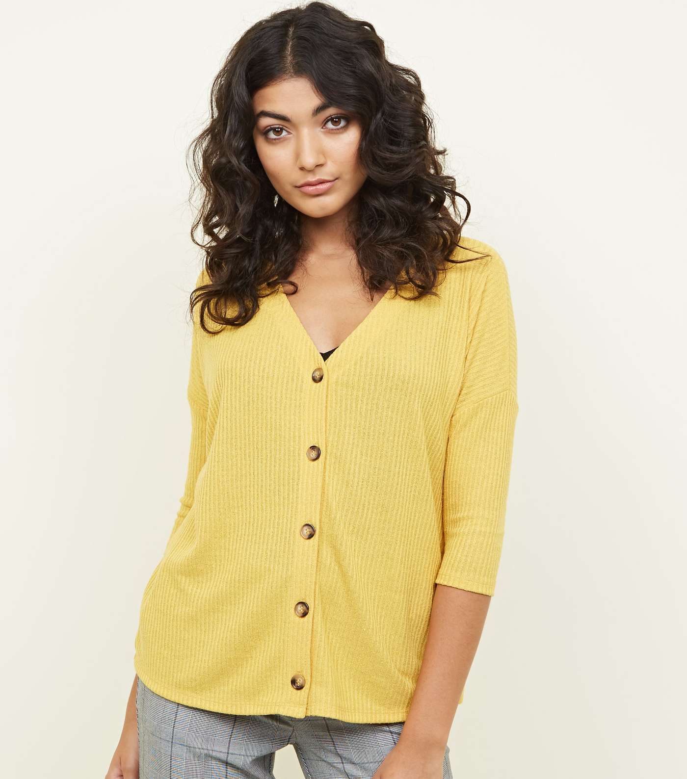 Mustard Ribbed Fine Knit Button Front Top