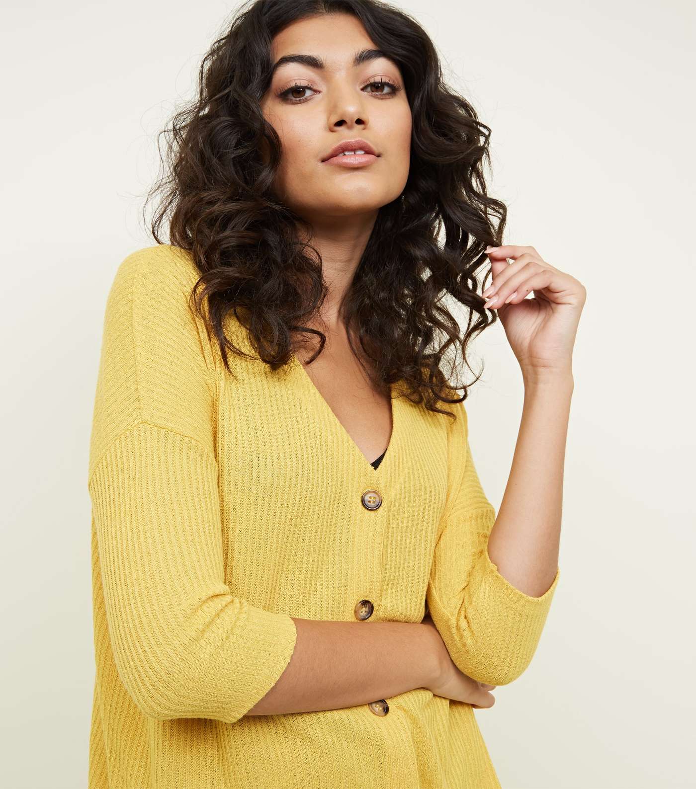 Mustard Ribbed Fine Knit Button Front Top Image 5