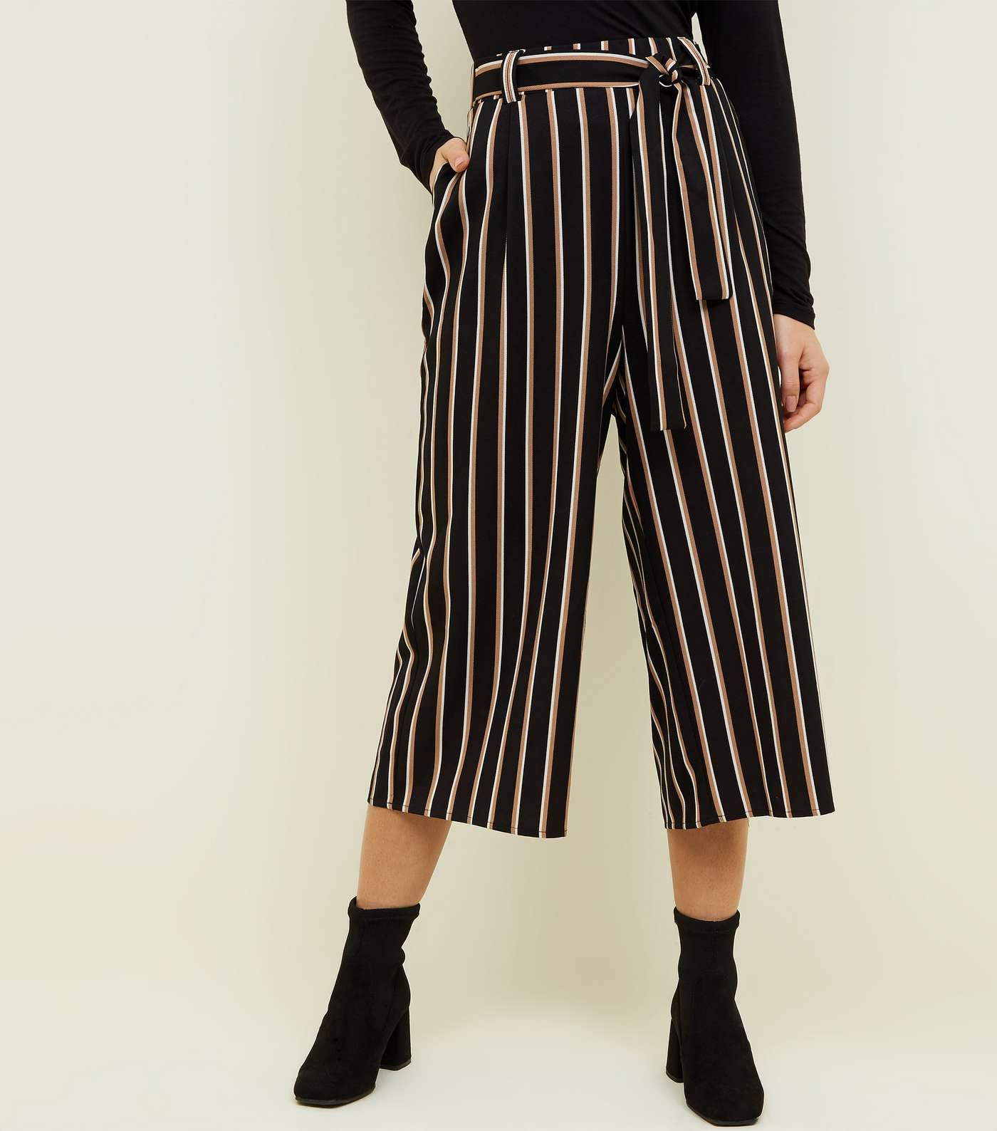 Petite Black Stripe Twill Paperbag Waist Trousers Image 2