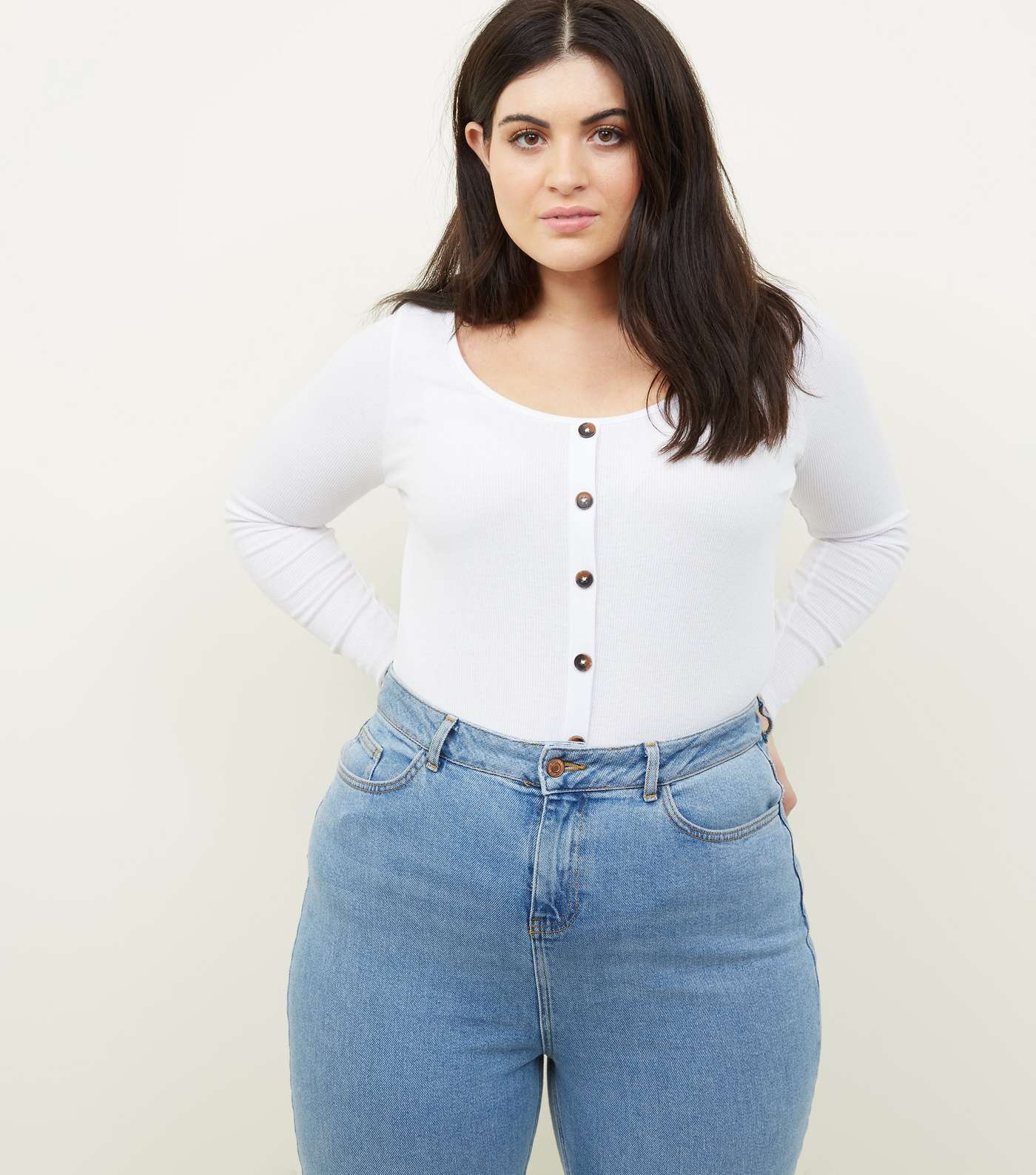 Curves White Ribbed Button Front Top