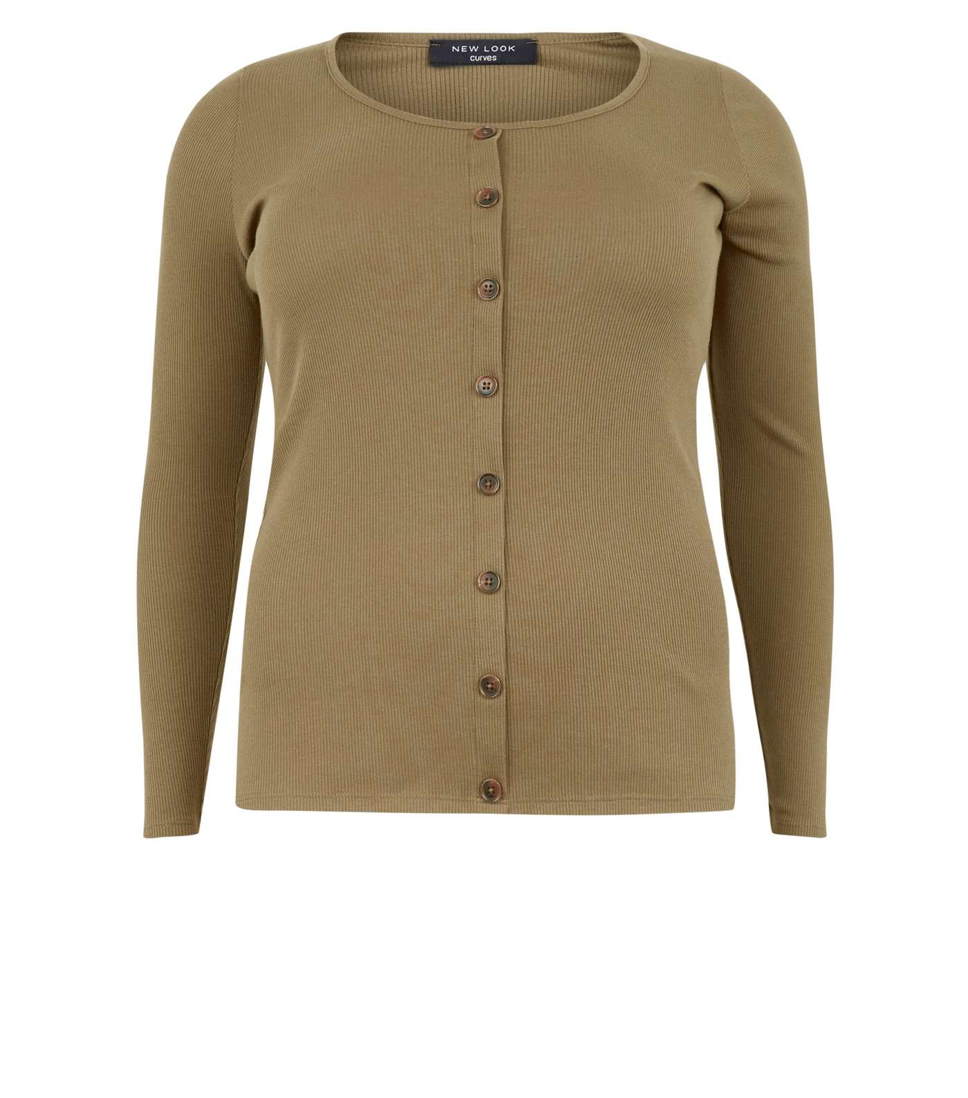 Curves Khaki Ribbed Button Front Top  Image 4