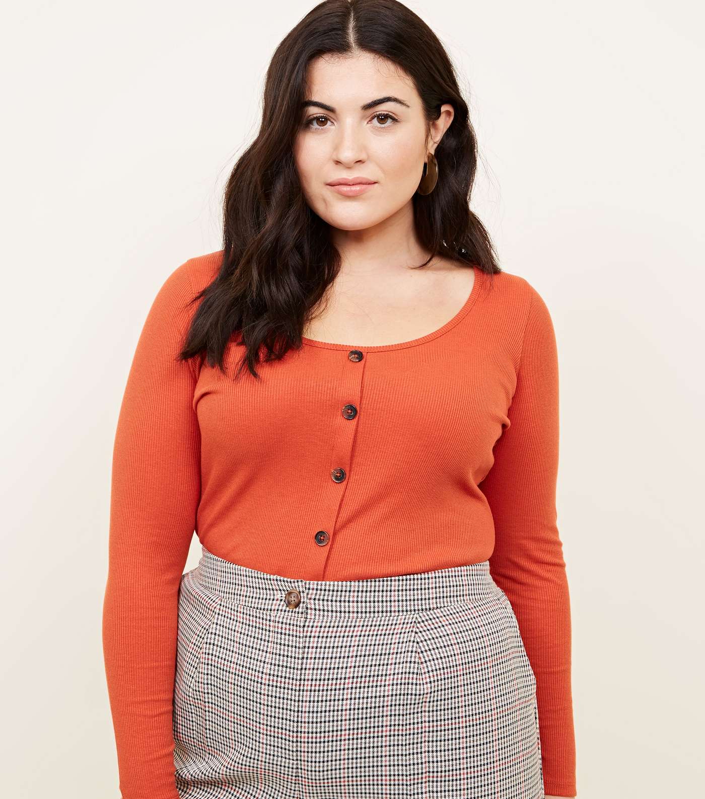 Curves Orange Ribbed Button Front Top 