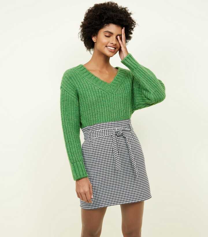 Black Houndstooth Check Paperbag Mini Skirt