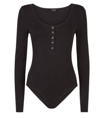 New With Tags New Look Tall Black Popper Front Stretch Bodysuit - Size 14