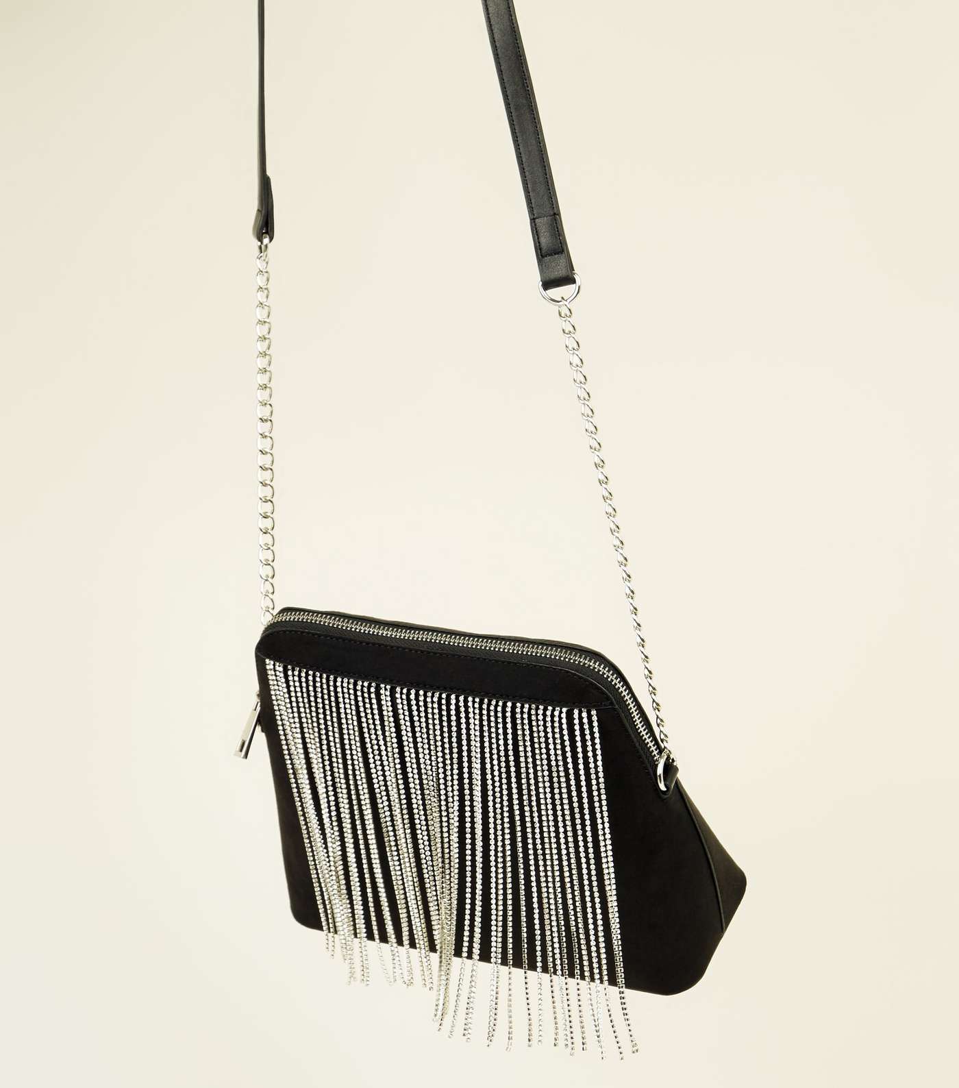 Black Suedette Diamanté Tassel Front Shoulder Bag Image 3
