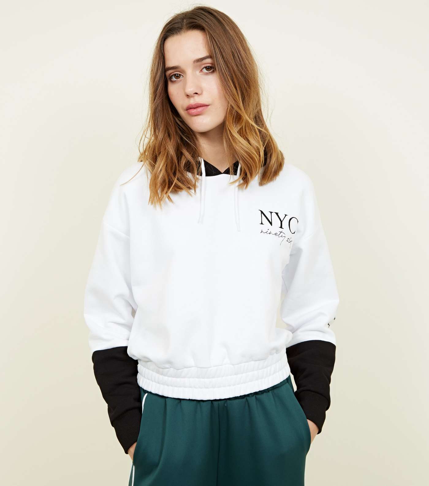 White NYC Embroidered Colour Block Hoodie