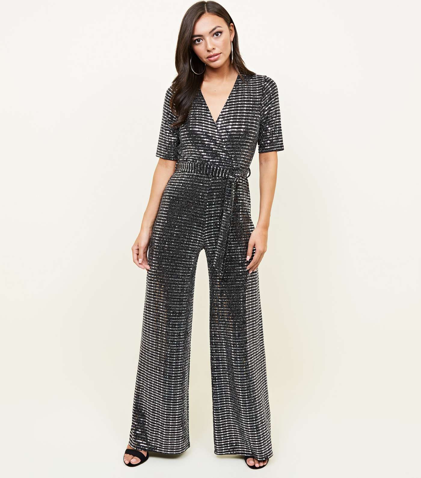 Silver Mirrored Sequin Wrap Jumpsuit 