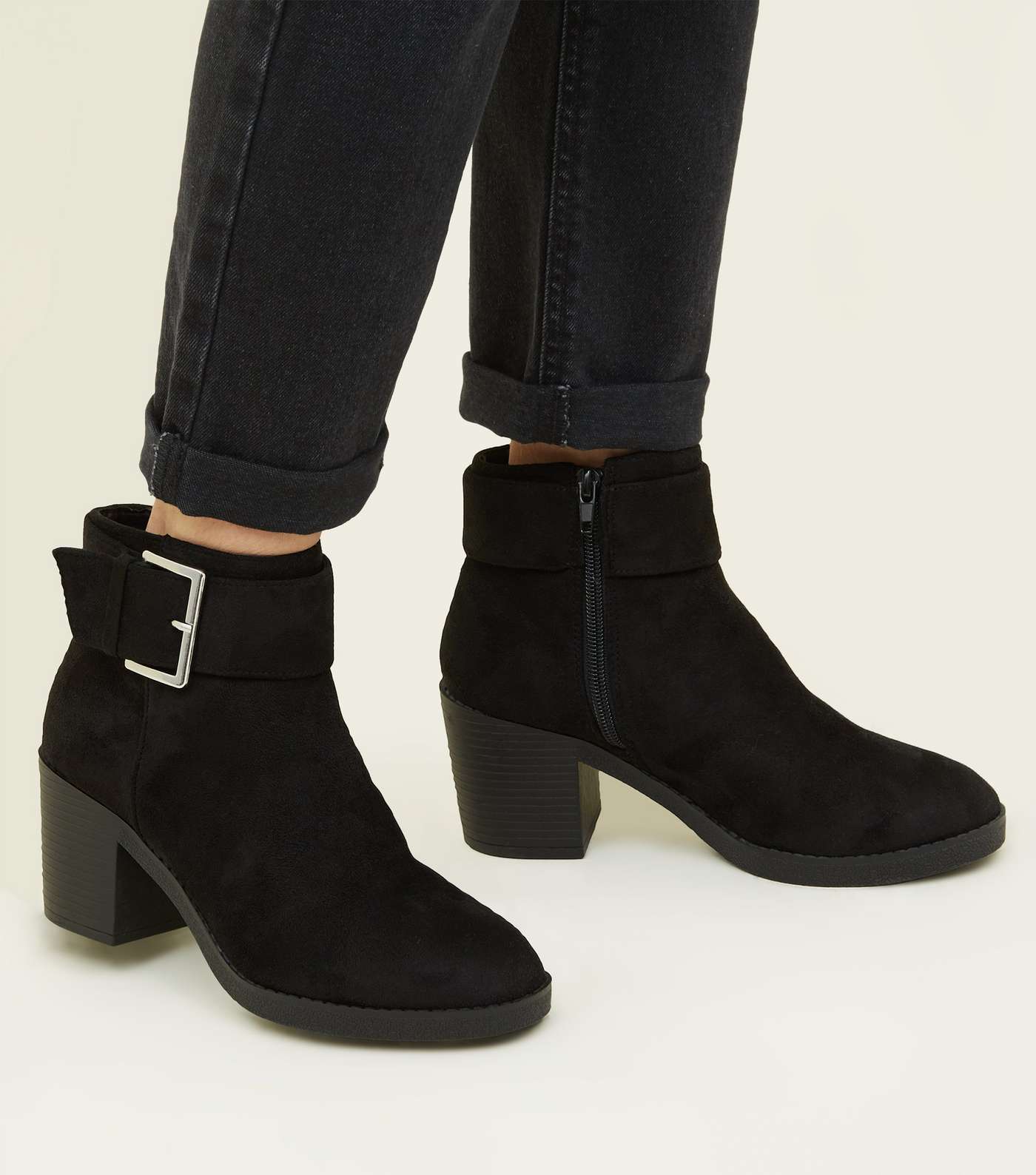 Girls Black Suedette Chunky Buckle Ankle Boots Image 2