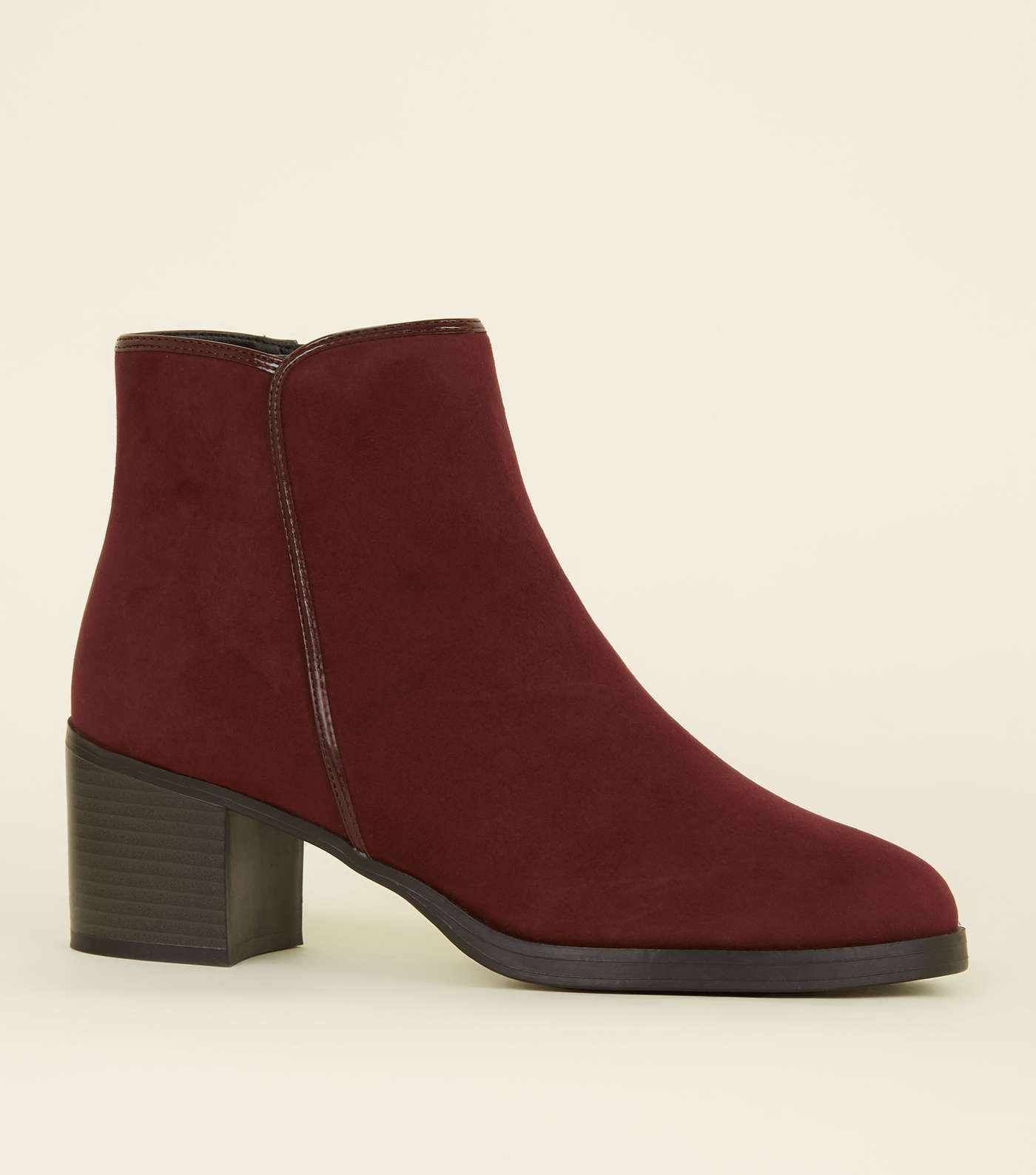 Burgundy Comfort Suedette Patent Trim Ankle Boots