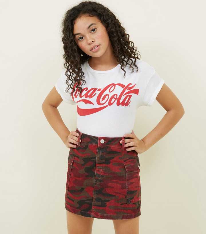 Girls Red Camo Print Denim Utility Skirt