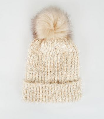 Cream Chenille Tinsel Faux Fur Bobble Hat | New Look