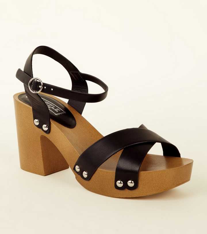 Black Wooden Platform Heeled Sandals