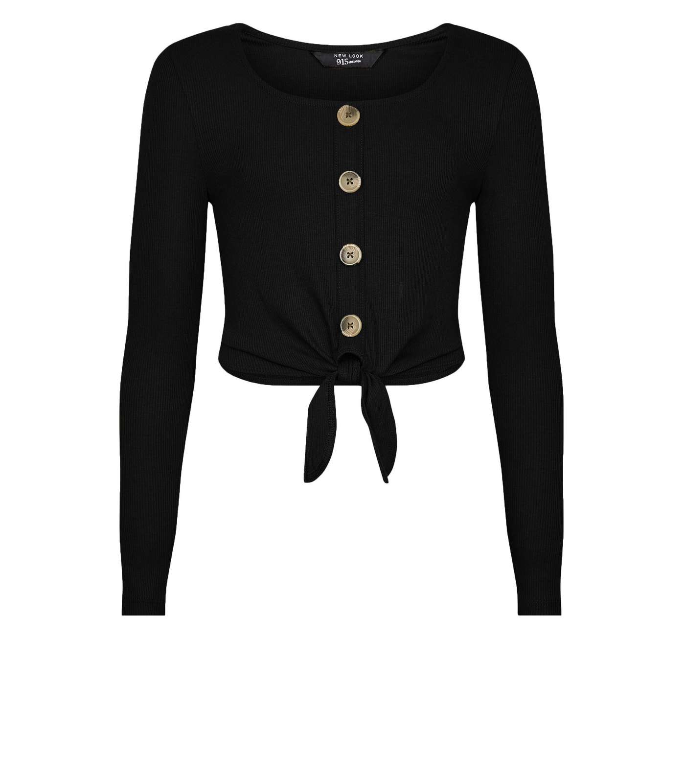 Girls Black Ribbed Button Tie Front Top Image 4