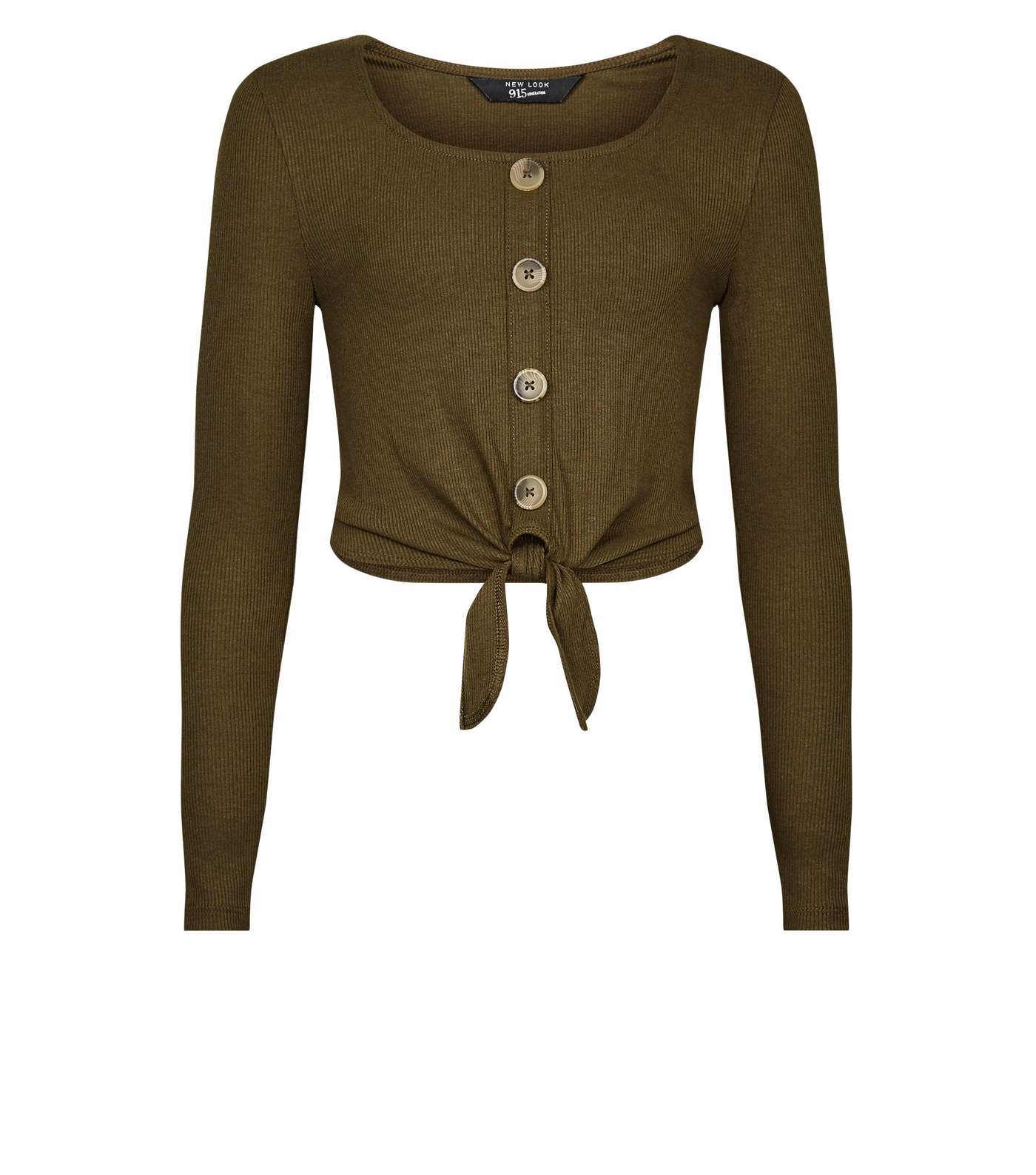 Girls Khaki Ribbed Button Tie Front Top Image 4