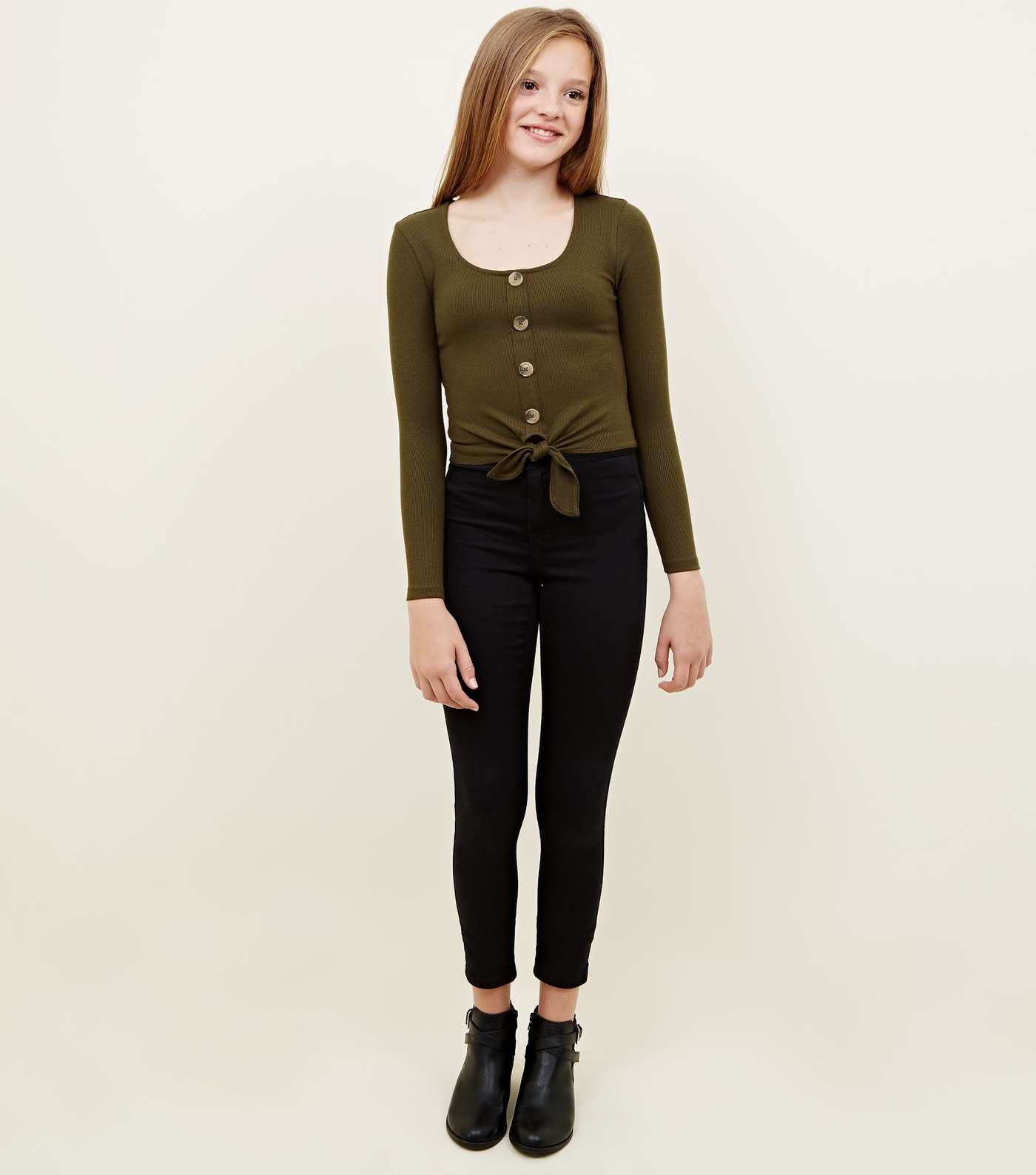 Girls Khaki Ribbed Button Tie Front Top Image 2