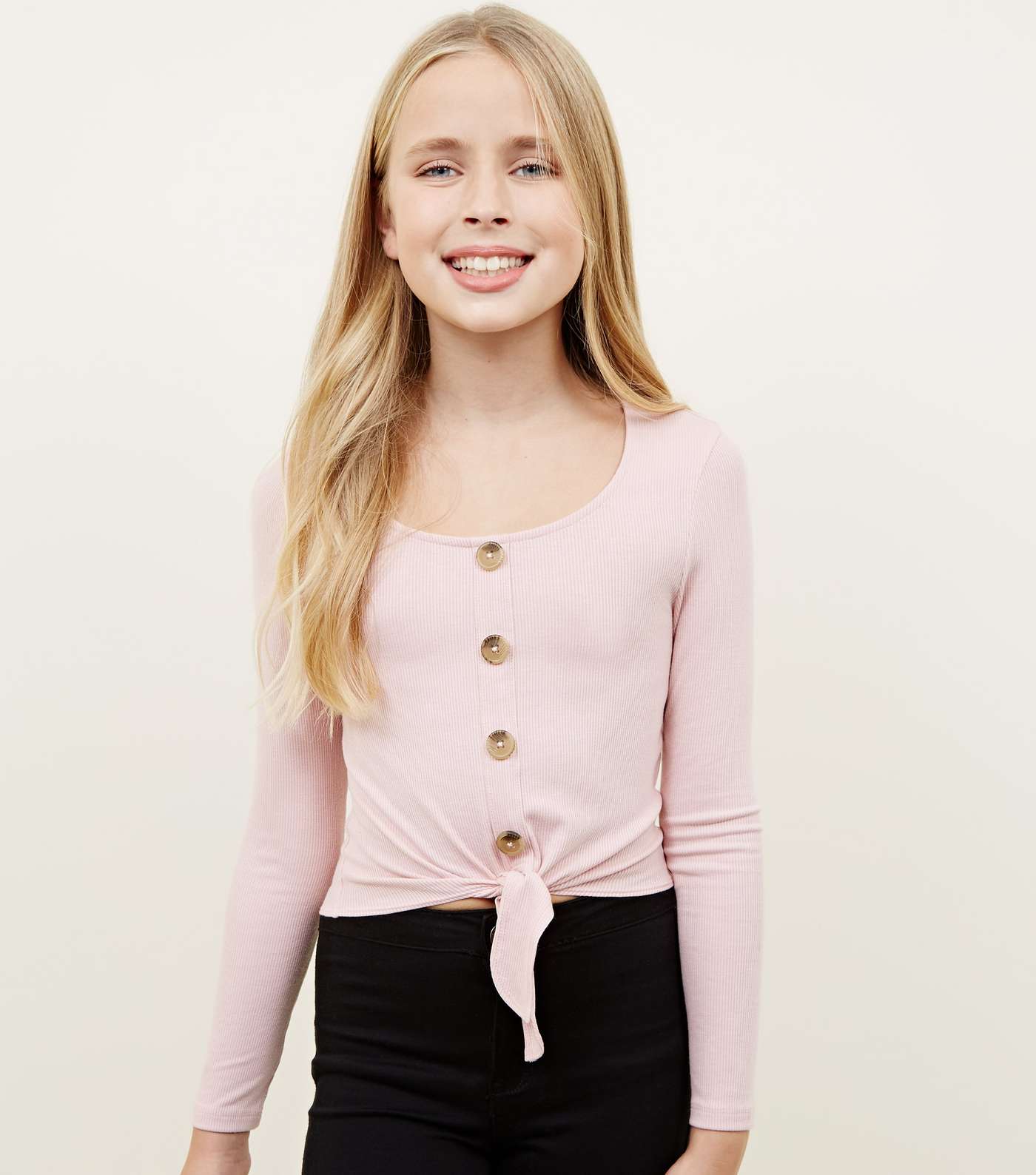 Girls Pale Pink Ribbed Button Tie Front Top