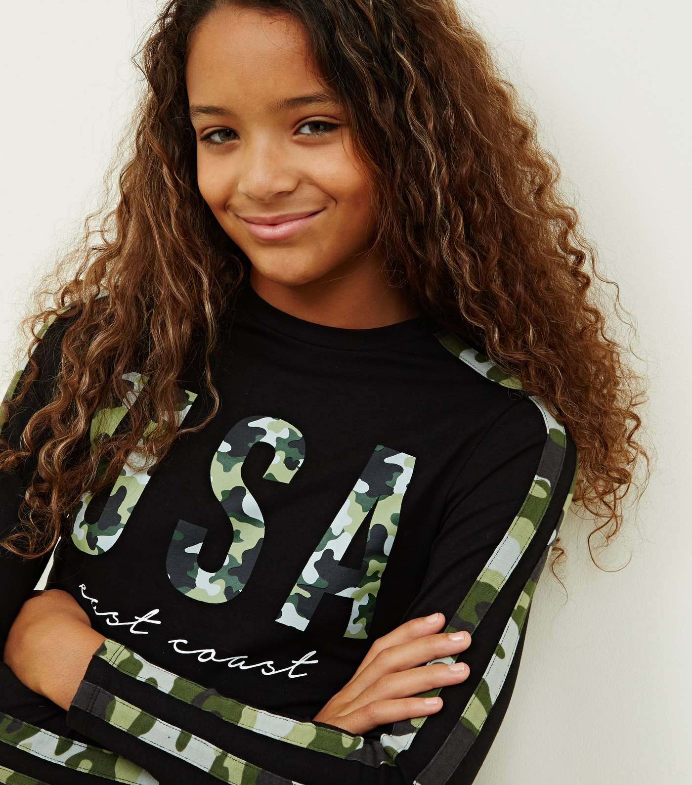 Girls Black USA Camo Print Long Sleeve Top Image 5