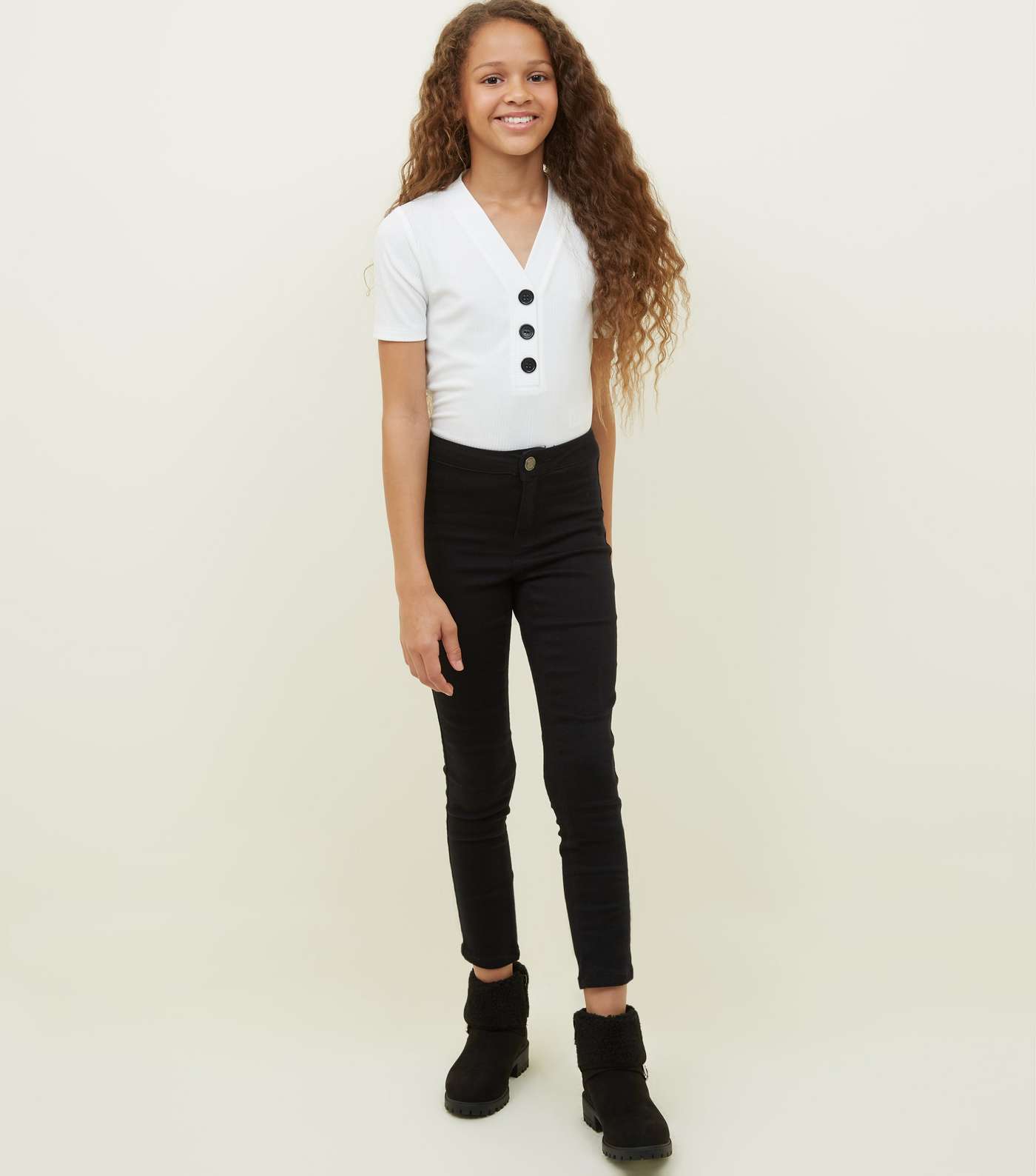 Girls Off White Button Placket Ribbed T-Shirt Image 2