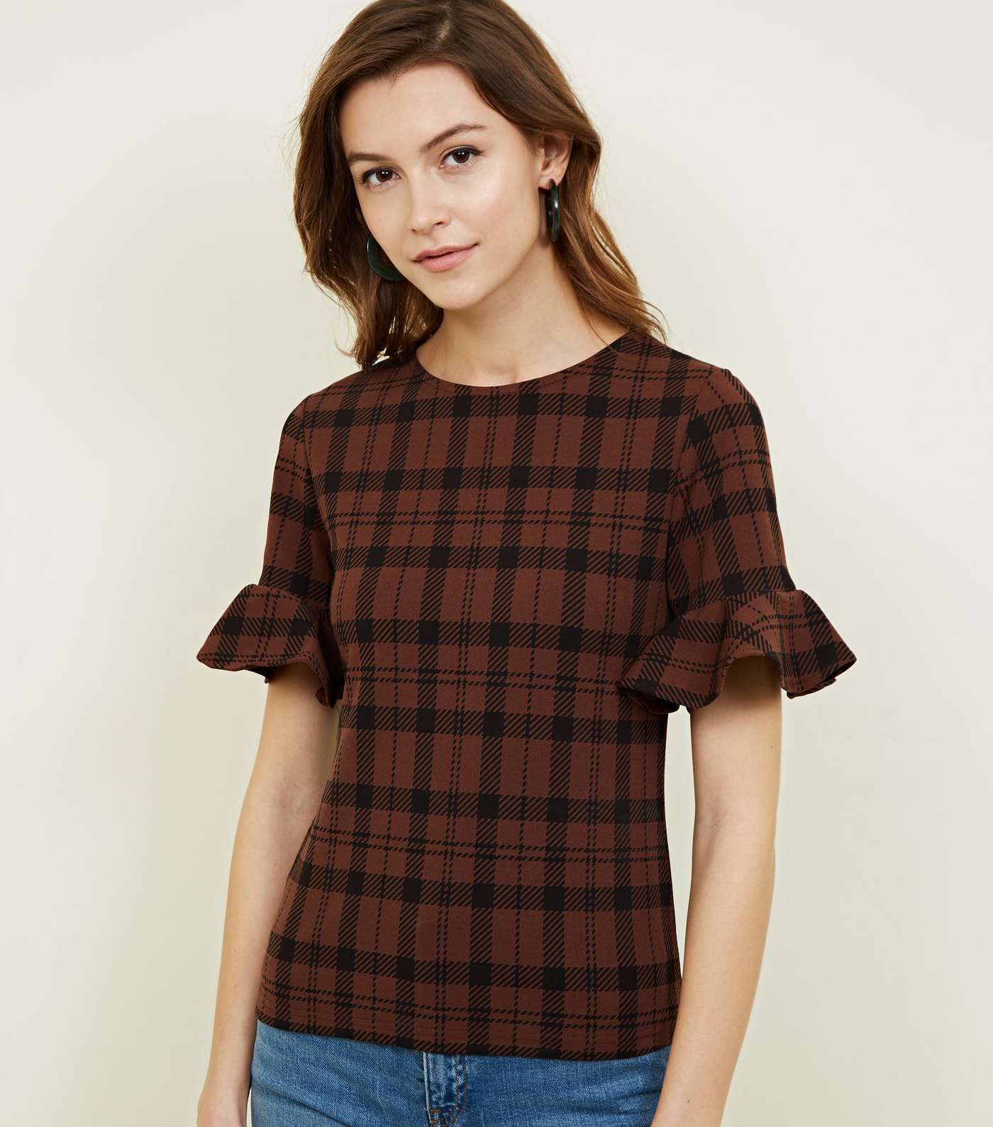 Brown Check Bell Sleeve T-Shirt