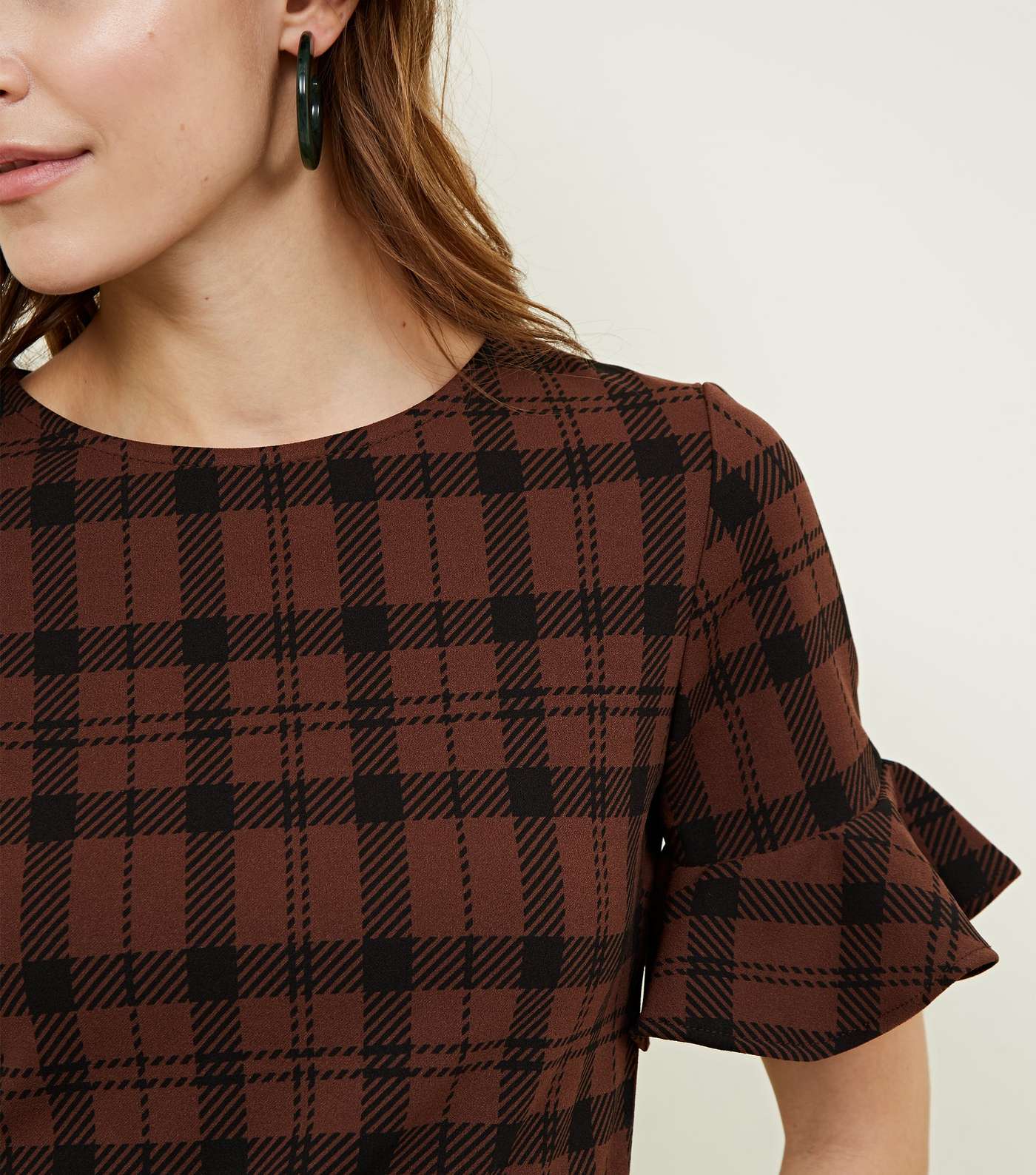 Brown Check Bell Sleeve T-Shirt Image 3