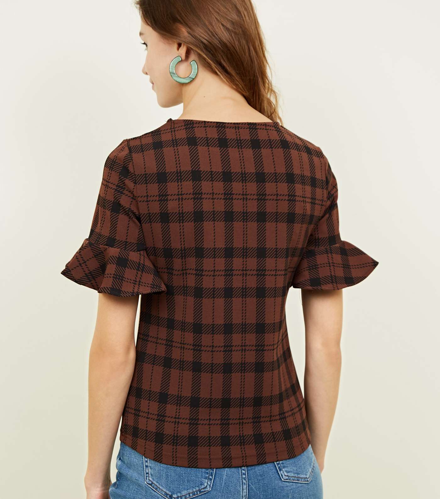 Brown Check Bell Sleeve T-Shirt Image 5