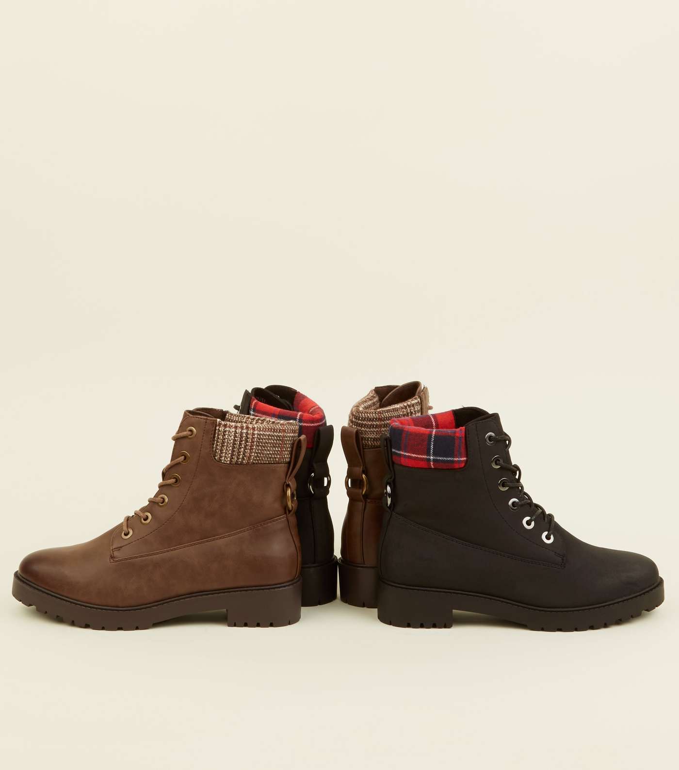 Brown Check Cuff Flat Lace Up Boots Image 4